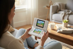 Mobile2fix limited edition white Nintendo DS Lite handheld console being played by a woman in a cozy living room.