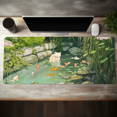 Cat & Fish River Scenic Mouse Pad Green Rubber Anti-Slip Pad Non-woven edges
