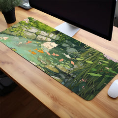 Cat & Fish River Scenic Mouse Pad Green Rubber Anti-Slip Pad Non-woven edges