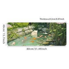 Cat & Fish River Scenic Mouse Pad Green Rubber Anti-Slip Pad Non-woven edges