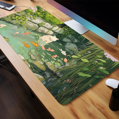 Cat & Fish River Scenic Mouse Pad Green Rubber Anti-Slip Pad Non-woven edges