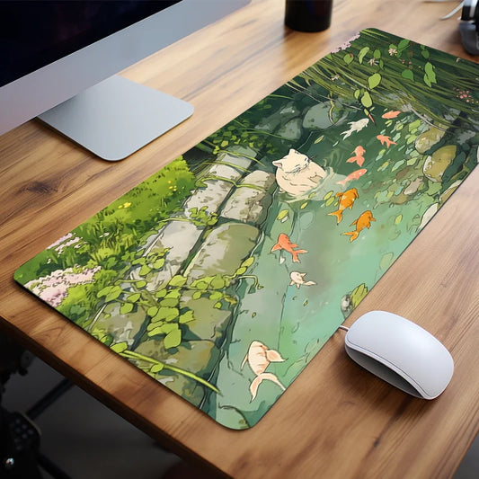 Cat & Fish River Scenic Mouse Pad Green Rubber Anti-Slip Pad Non-woven edges