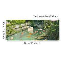 Cat & Fish River Scenic Mouse Pad Green Rubber Anti-Slip Pad Non-woven edges