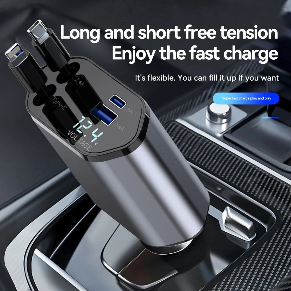 120W 4 in 1 Car Charger Retractable Lighter Adapter