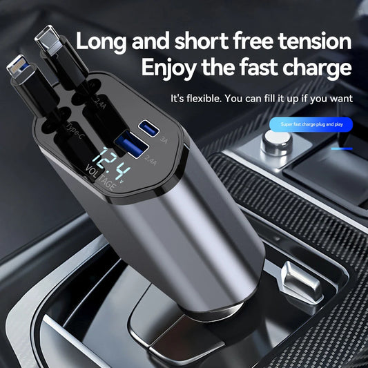 120W 4 in 1 Car Charger Retractable Lighter Adapter