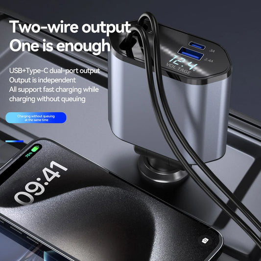 120W 4 in 1 Car Charger Retractable Lighter Adapter