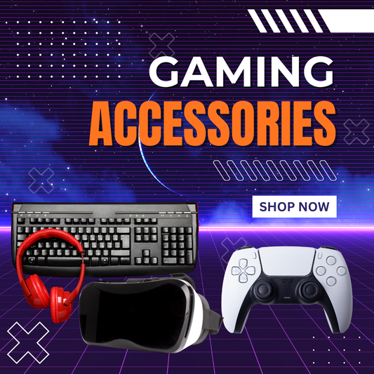 Gaming accessories including a keyboard, headphones, VR headset, and controller on a retro-futuristic background with 'Gaming Accessories' text.