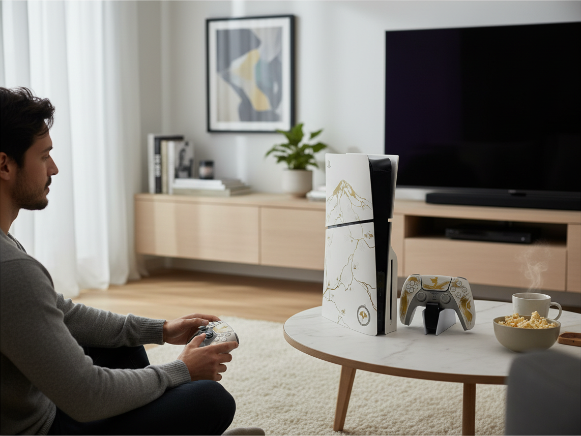Mobile2fix Ghost of Yotei special edition PS5 console and matching controller with gold mountain landscape artwork.