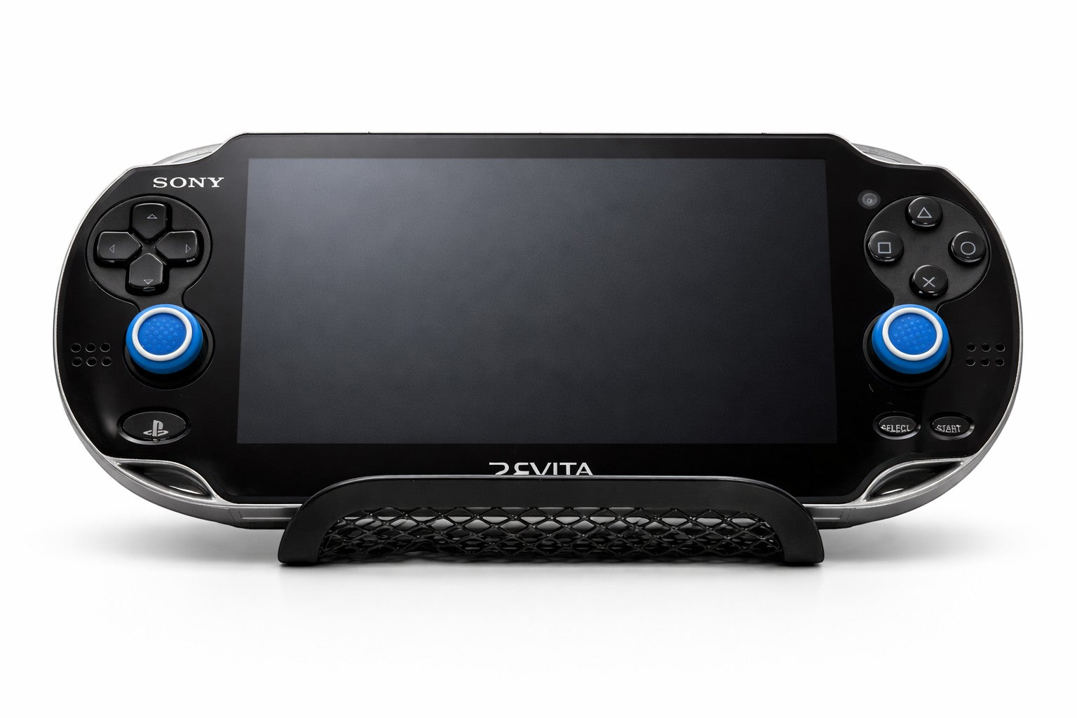 Mobile2fix black Sony PlayStation PS Vita handheld console with blue analog stick caps on a display stand