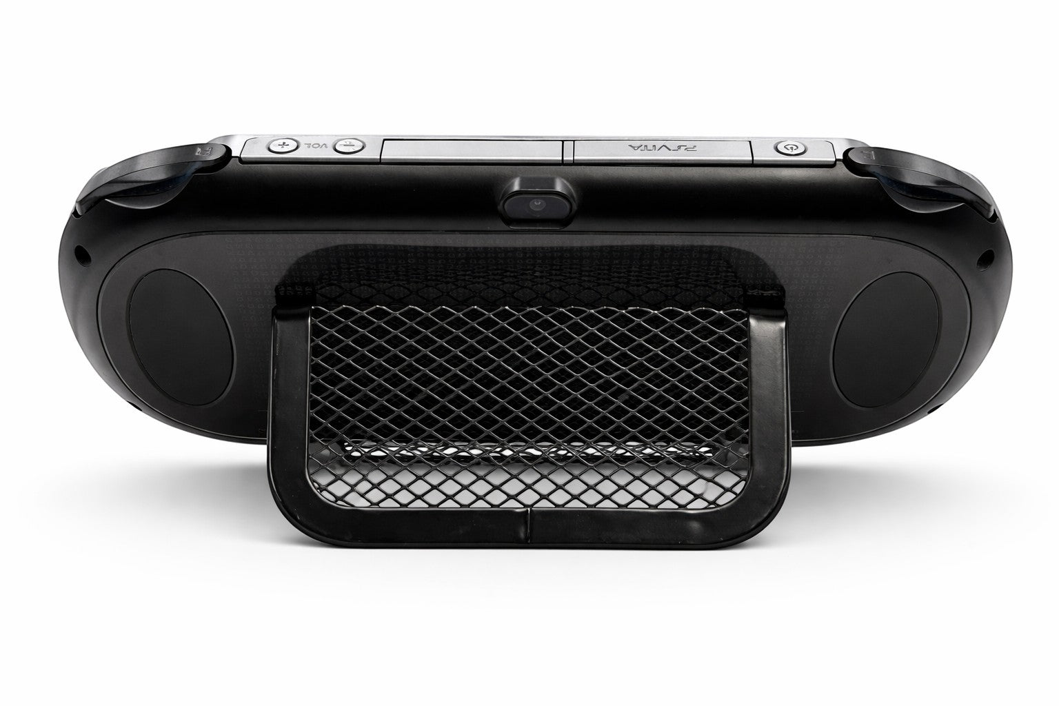 Mobile2fix black Sony PlayStation PS Vita handheld console viewed from the back with a black mesh display stand.