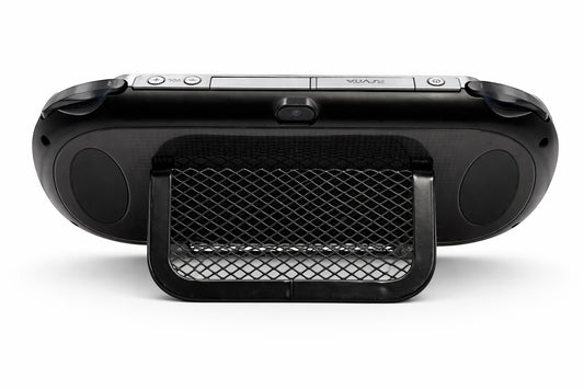Mobile2fix black Sony PlayStation PS Vita handheld console viewed from the back with a black mesh display stand.