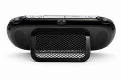 Mobile2fix black Sony PlayStation PS Vita handheld console viewed from the back with a black mesh display stand.