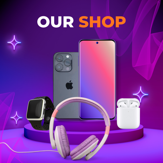 Smartphone, smartwatch, headphones, and wireless earbuds on a purple platform with 'OUR SHOP' text.